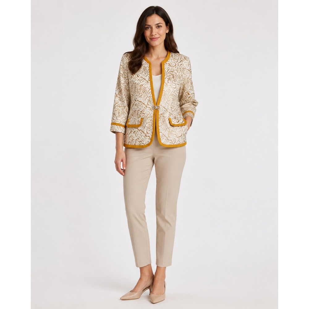 Tasia Mob Wive Brocade Formal Jacket Rhinestone Clasp Womens 8 Gold White